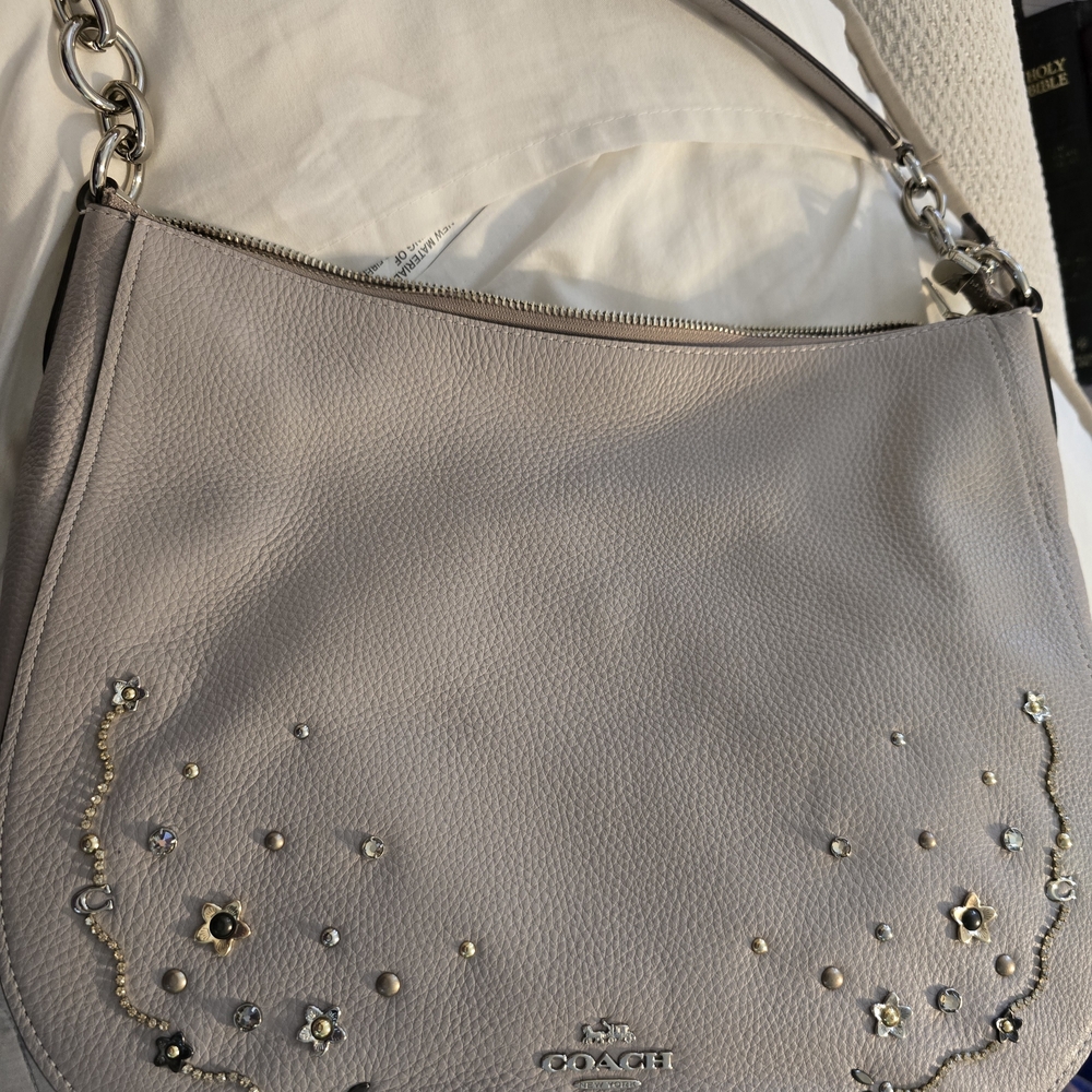 Coach Pebbled Leather Hobo Bag in Taupe with Studded Floral Accent